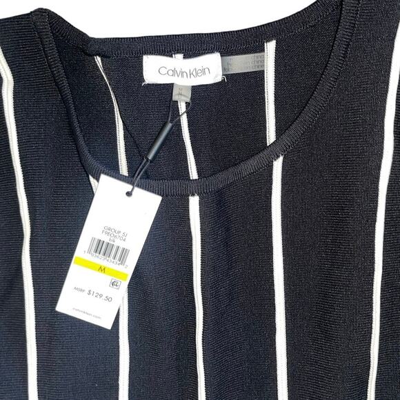 Calvin Klein Sleeveless Flare Black White Stripe Midi Knit Dress Size M Career - Picture 3 of 3